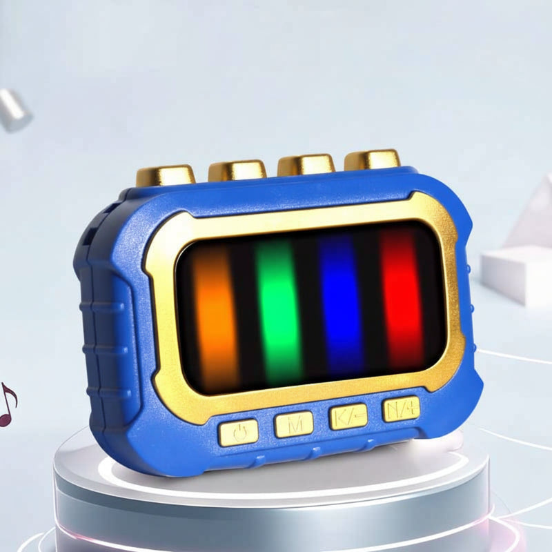 Blue musical fidget game with gold-colored trim and four top buttons.