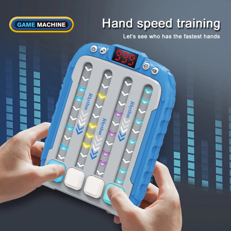 Blue musical reflex game being played with two hands, showing illuminated lanes and a digital display
