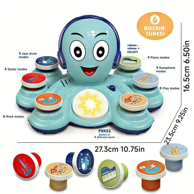 Blue octopus music toy with labeled dimensions, sound modes and six inserts displayed below.