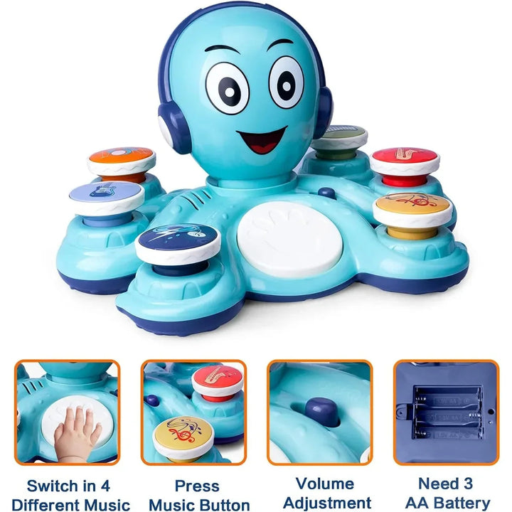 Blue octopus music toy with close-ups of music buttons, volume control and the AA battery compartment.