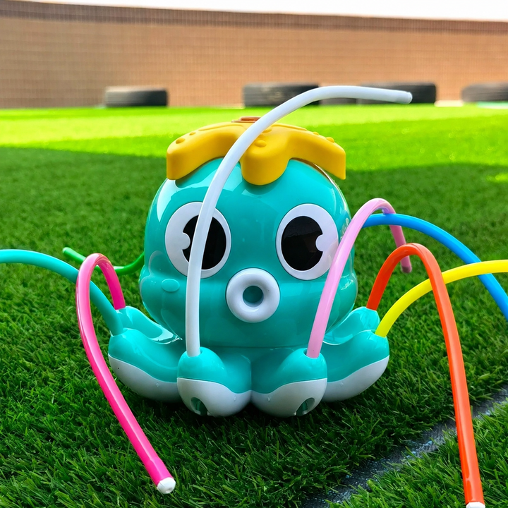 Blue octopus sprinkler with colorful flexible tubes sitting on grass beside a garden hose