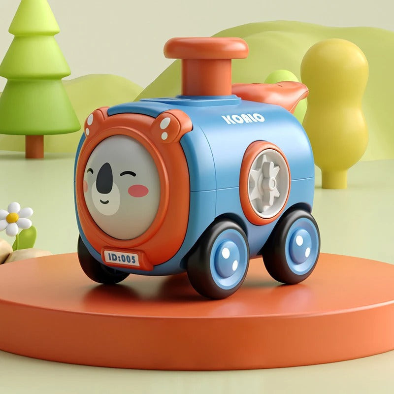 Blue and orange koala toy train with a koala face, wheels, and an orange chimney.