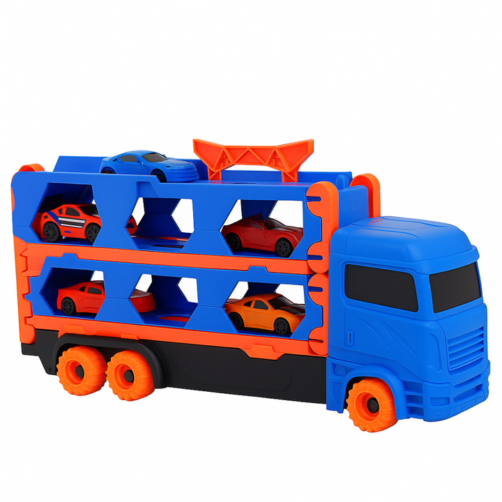 Blue car carrier truck with orange wheels and mini cars stored on two levels.