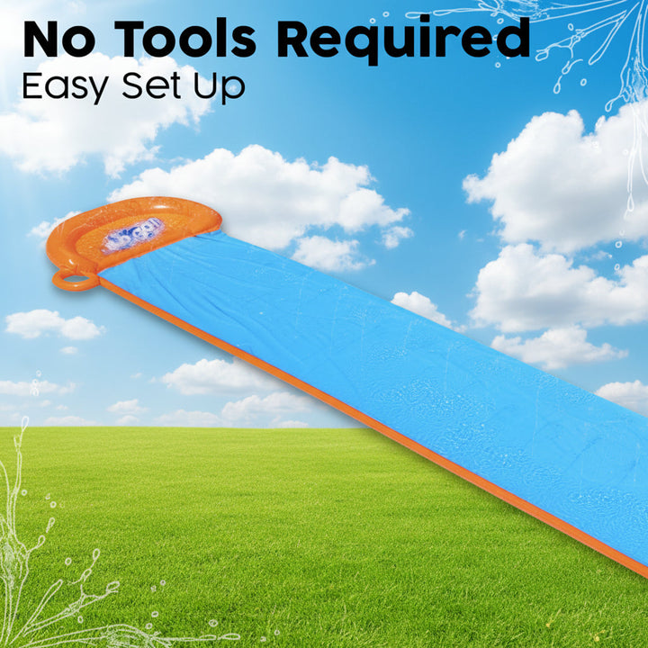 Blue lawn water slide with orange edging and an inflatable landing bumper