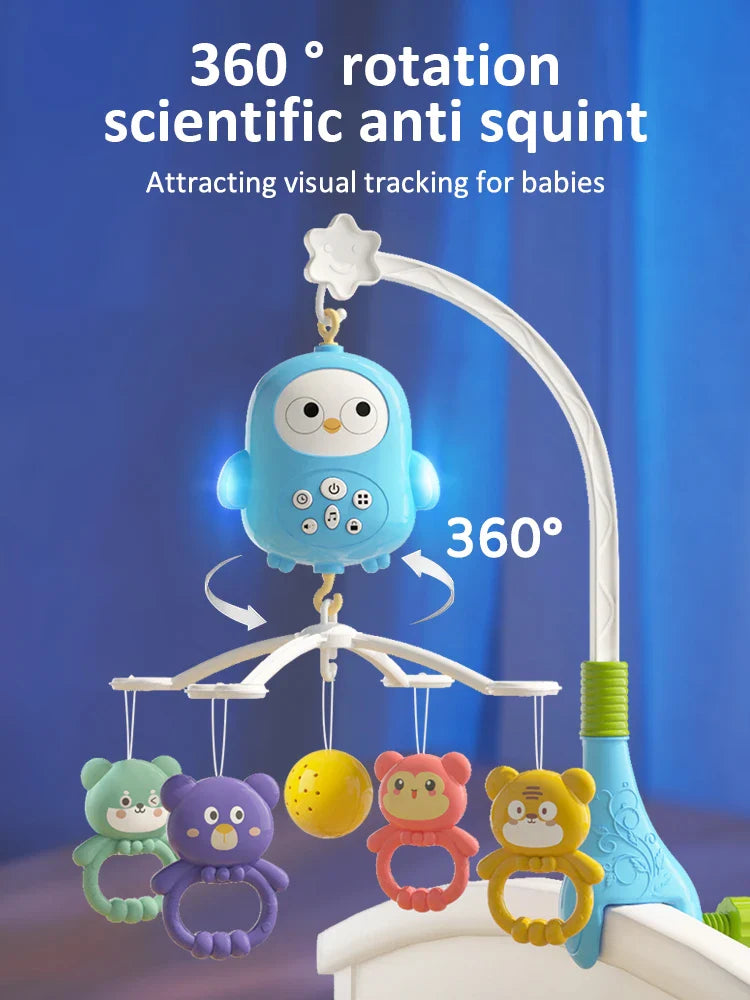 Blue owl mobile with colorful hanging animals and a graphic showing 360-degree rotation.