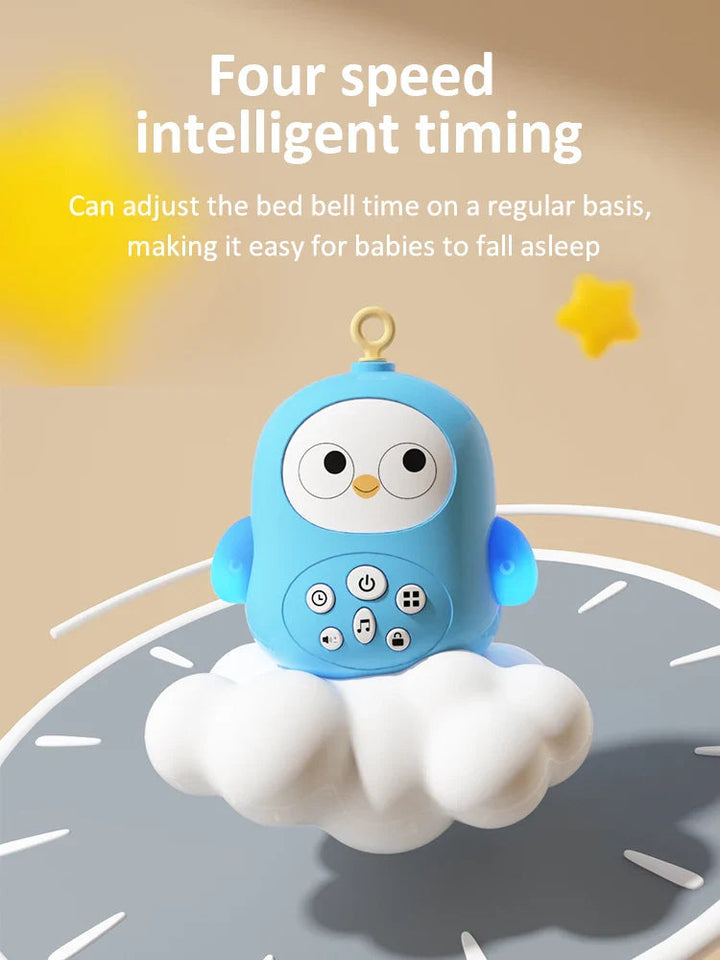 Blue owl music unit shown above a clock graphic highlighting its timing feature.