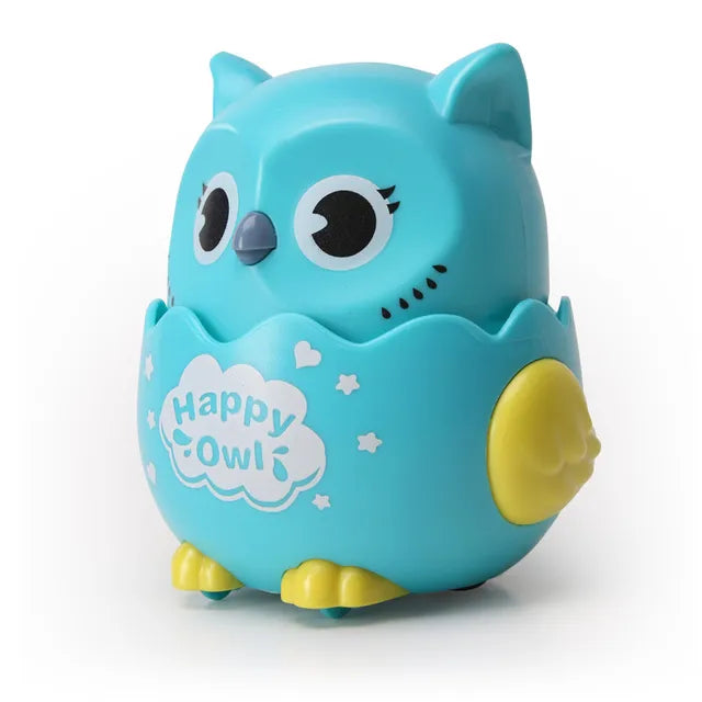 Blue owl toy car with yellow wings and feet and a dark gray beak.