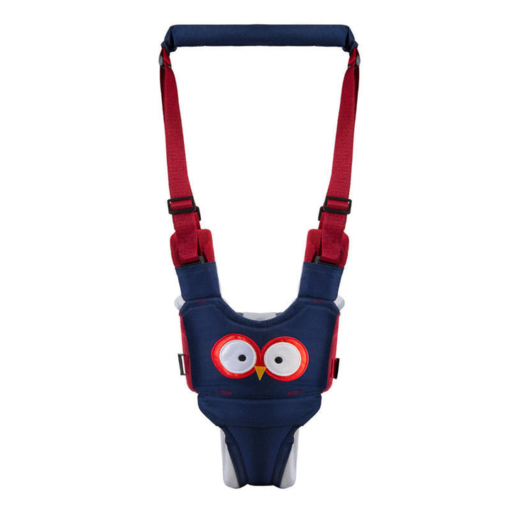 Blue owl-design walking harness with red straps and a padded handle