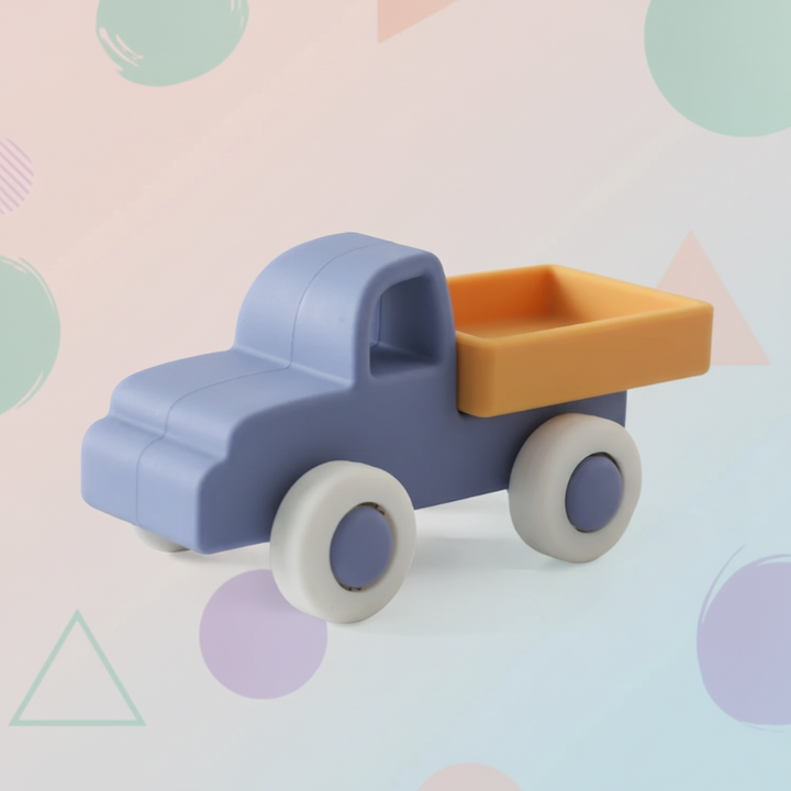 Blue pickup truck toy with a yellow bed and light-colored wheels