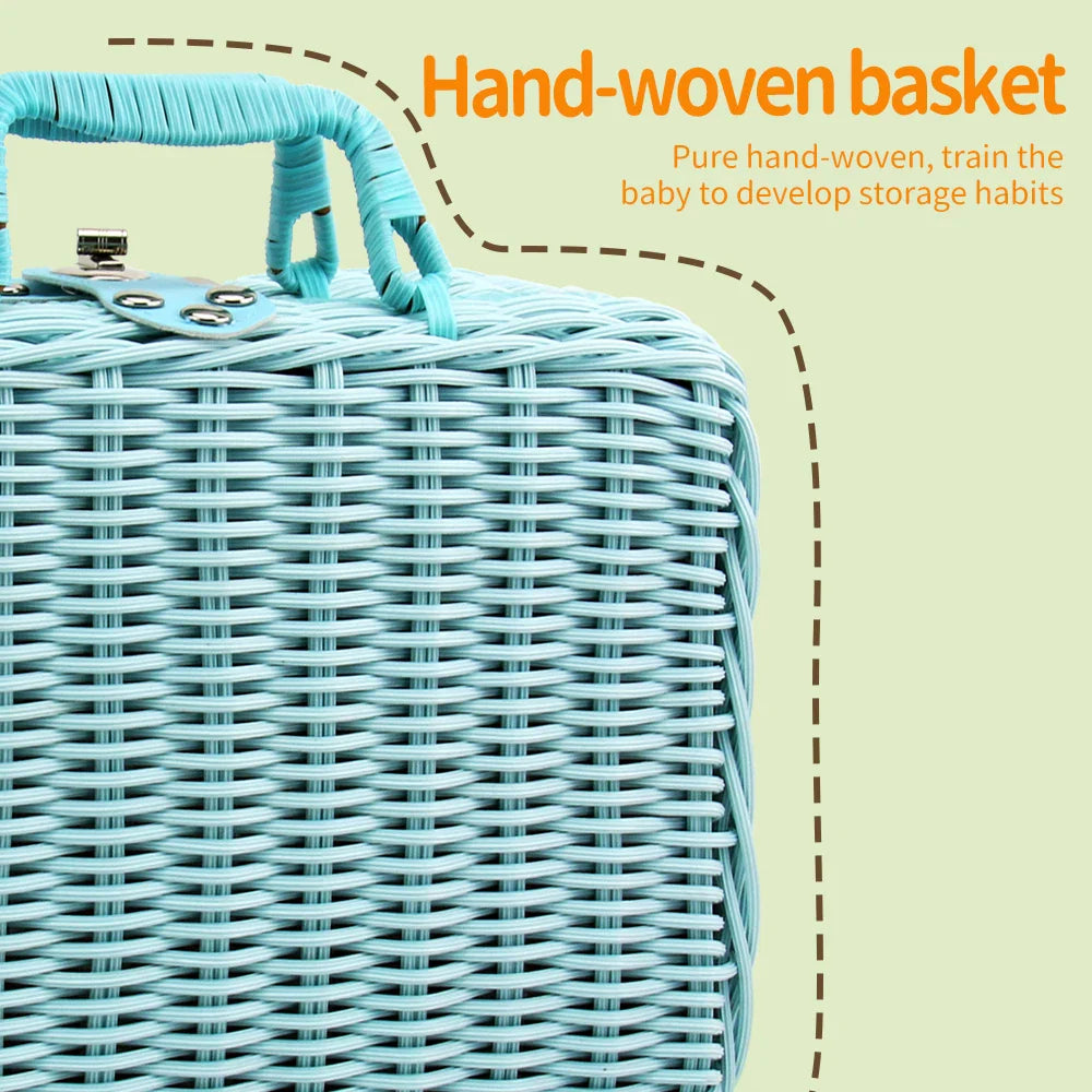 Close-up of a blue woven-look picnic basket with carry handles and a clasp