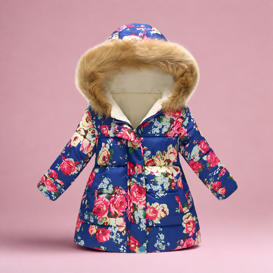 Blue quilted coat with pink and cream floral print and fluffy hood trim