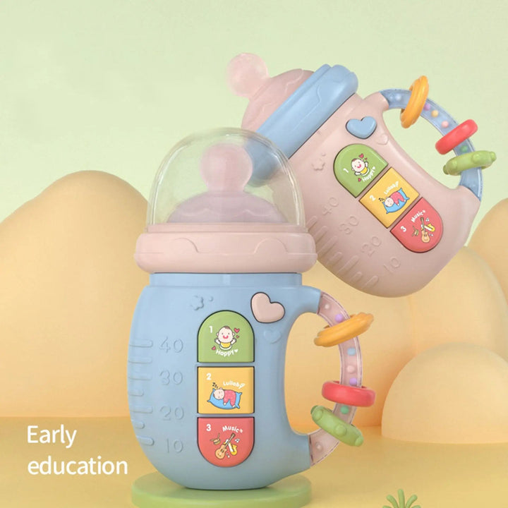 Blue and pink musical bottle toys with curved handles, colorful rings, and three front buttons.