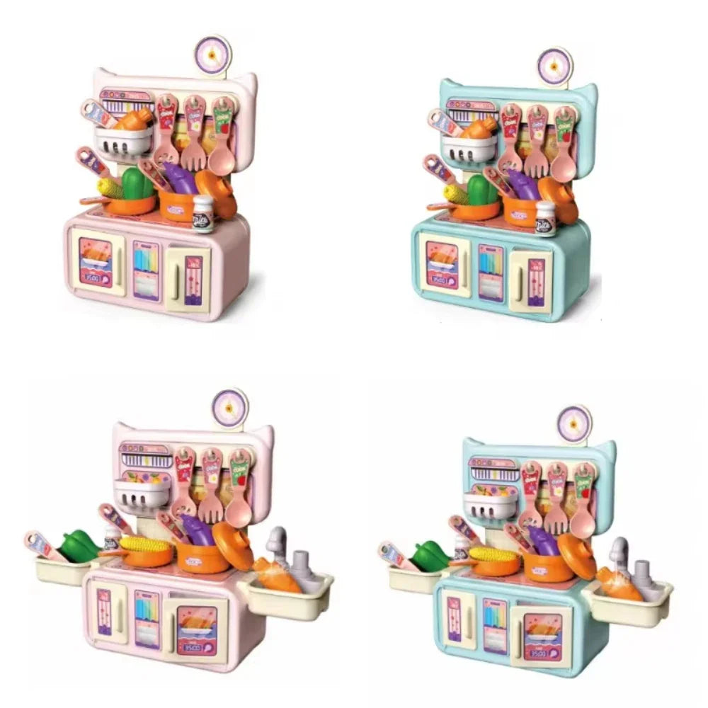 Blue and pink play kitchens shown in compact and expanded layouts