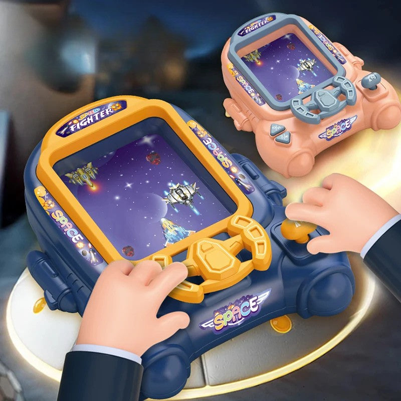 Blue and pink tabletop space arcade games with steering wheels and side controls