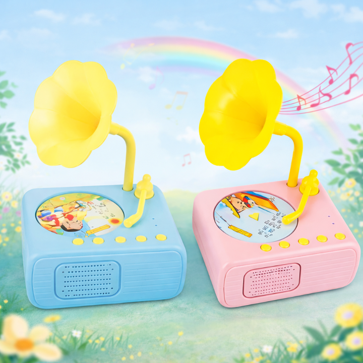 Blue and pink story players with yellow flower-shaped horns and round illustrated cards