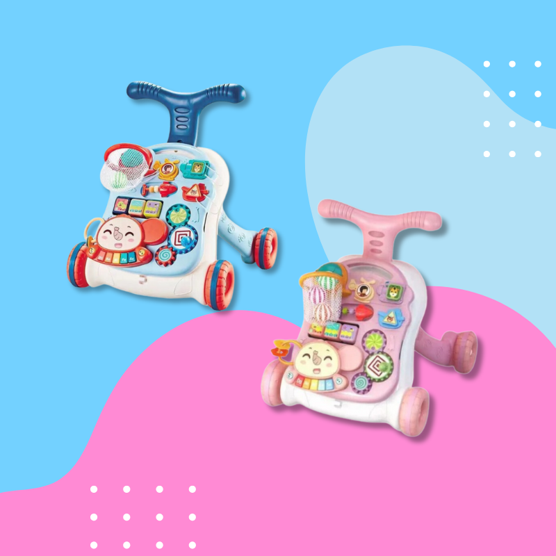 Blue and pink 3-in-1 baby walkers with colorful activity panels and mini basketball hoops.