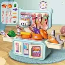 Blue play kitchen with cookware, play vegetables, hanging utensils, and a side sink