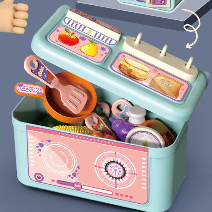 Blue play kitchen with its lid open and toy cookware stored inside the base