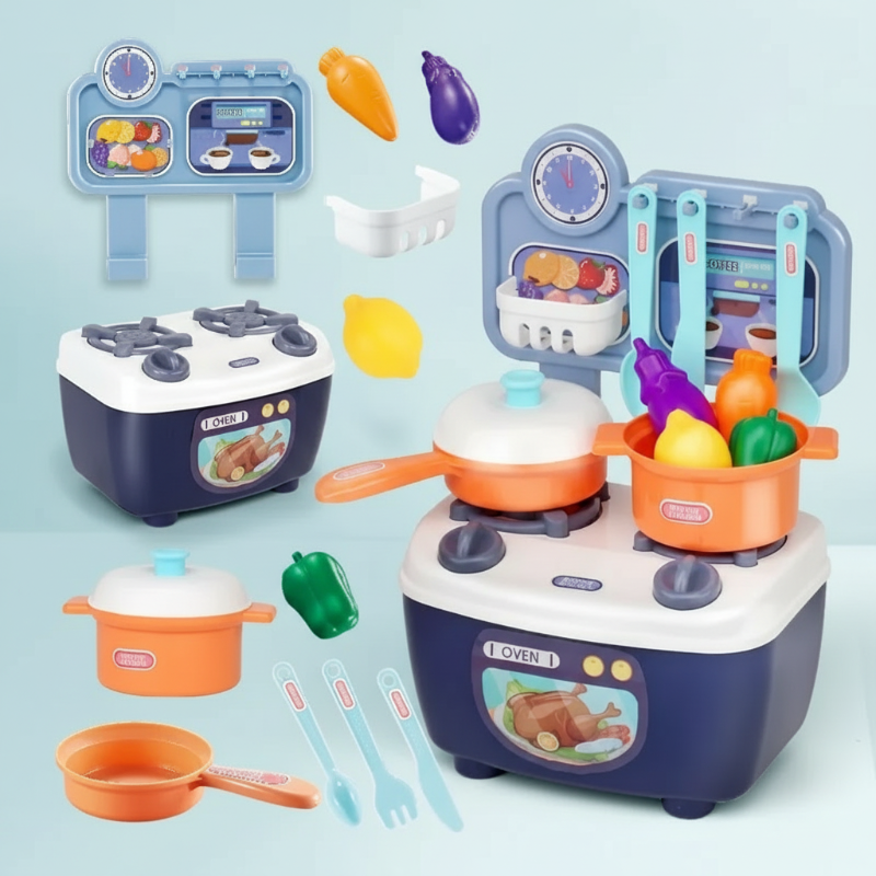 Blue kitchen set with separate base, stovetop, baskets, cookware, utensils, and toy vegetables
