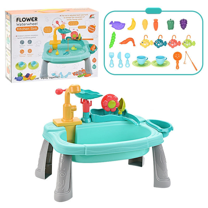 Blue play sink shown with its box and an illustrated selection of kitchen and fishing accessories
