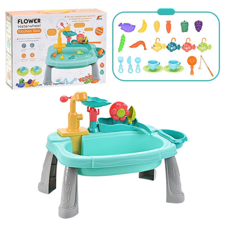 Blue play sink shown with its box and an illustrated selection of kitchen and fishing accessories