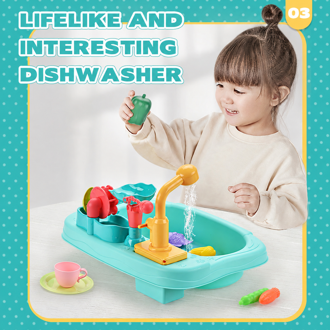 Child holding a toy pepper beside a blue play sink with water running from the faucet
