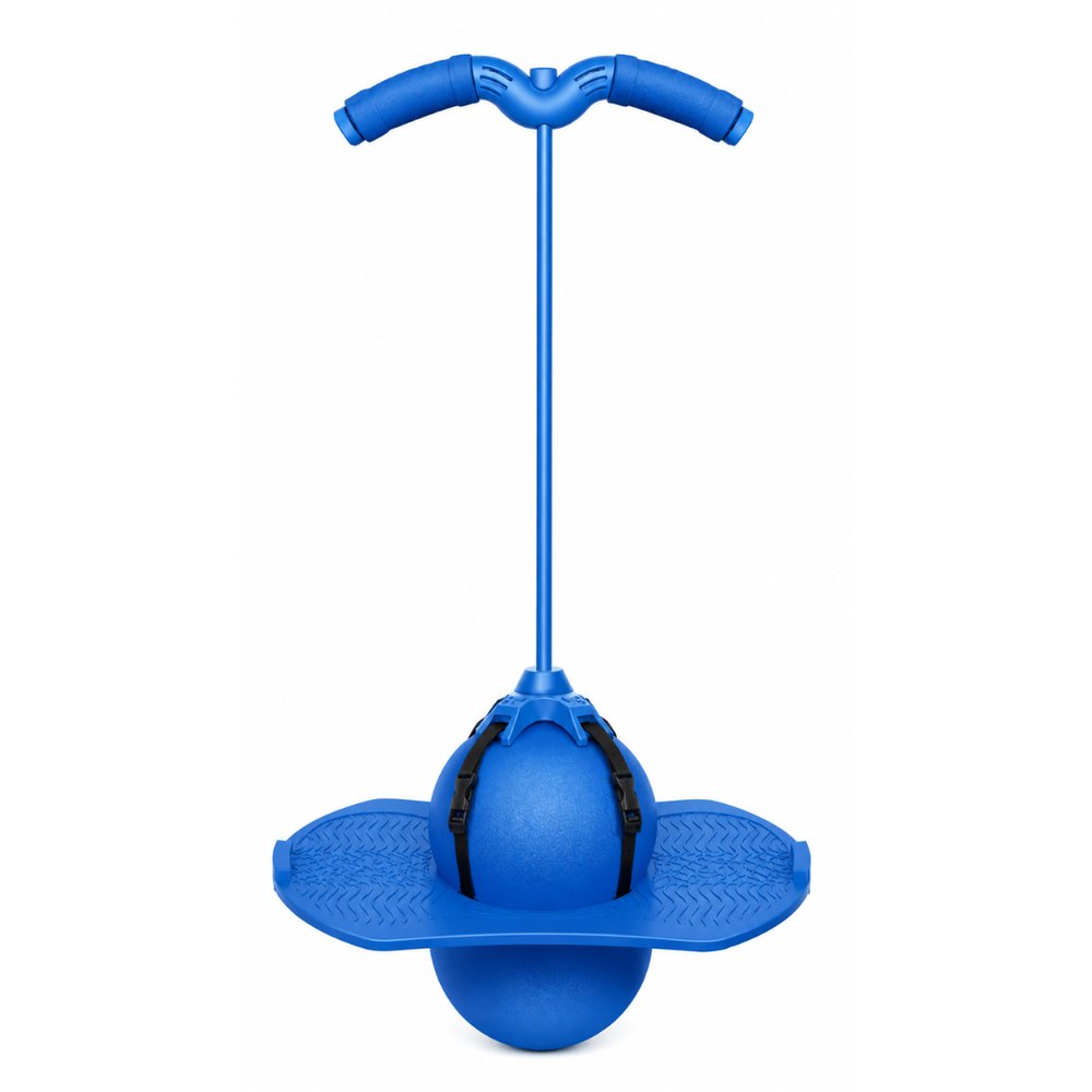 Blue balancing pogo stick with a curved handlebar, textured foot platform, and rounded base
