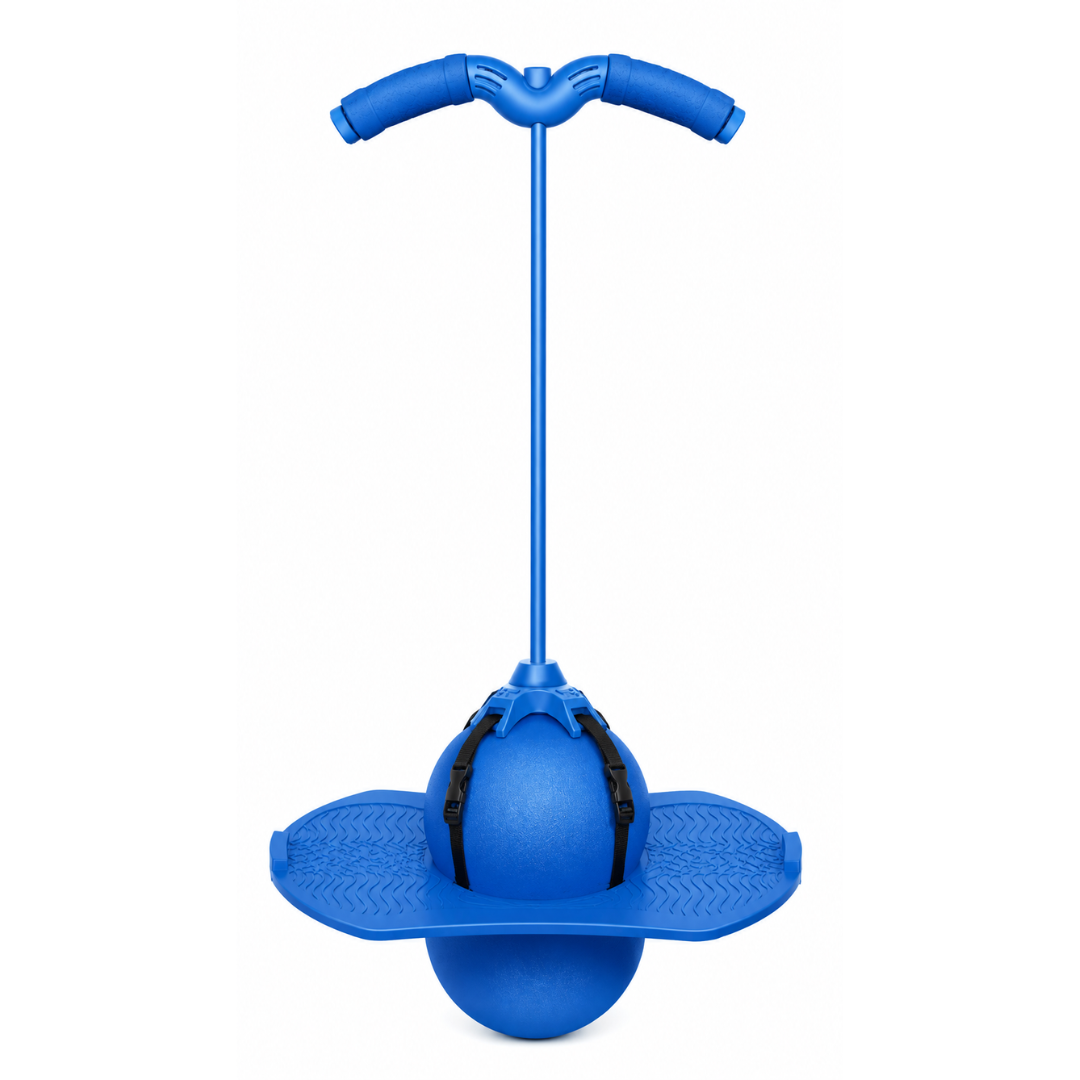 Blue balancing pogo stick with a curved handlebar, textured foot platform, and rounded base