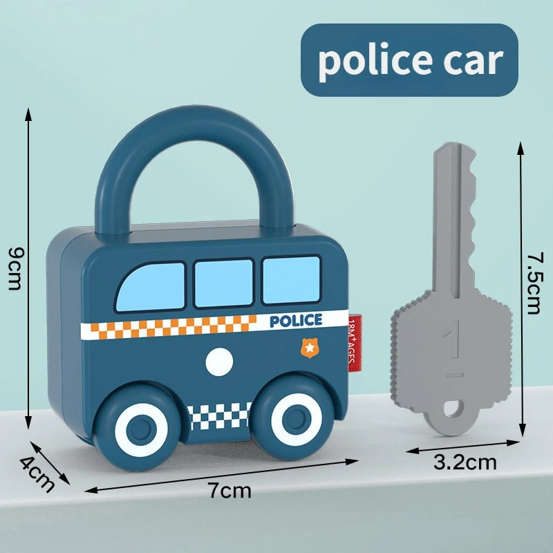 Blue police car lock and numbered gray key shown with dimension arrows.