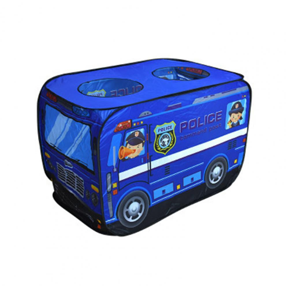 Blue police car play tent with illustrated wheels, windows, and police officers