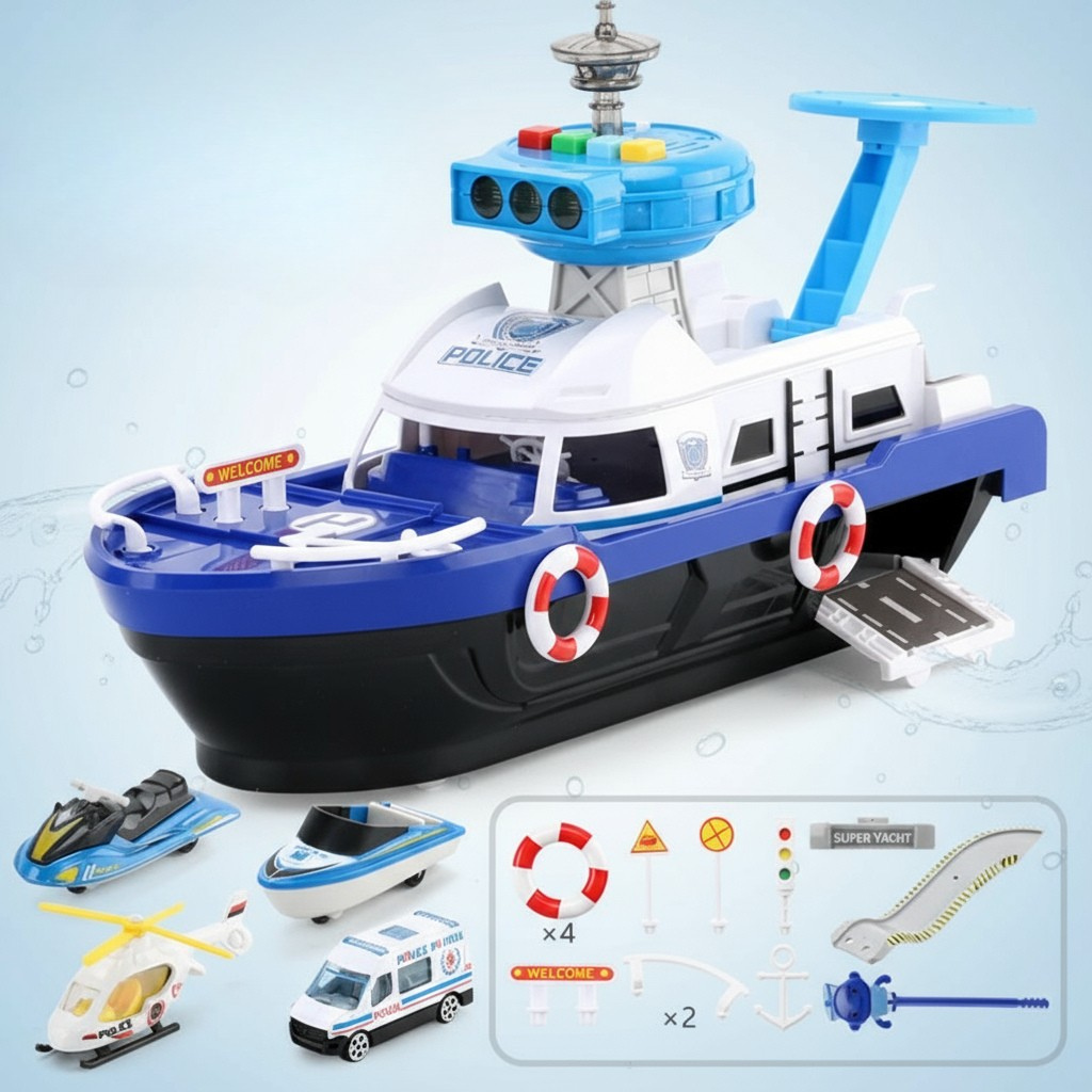 Blue police-themed toy boat with miniature vehicles and a diagram of accessories