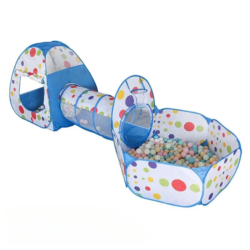 Blue polka-dot play tent connected to a crawl tunnel and a ball-filled play pit