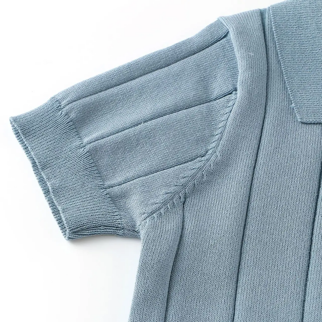 Close-up of the blue polo shirt&