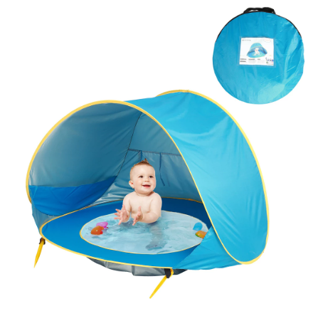 Blue pop-up baby tent with a built-in bath and matching round carrying bag