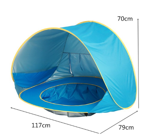 Blue pop-up tent measurement graphic showing dimensions of 117 x 79 x 70 cm