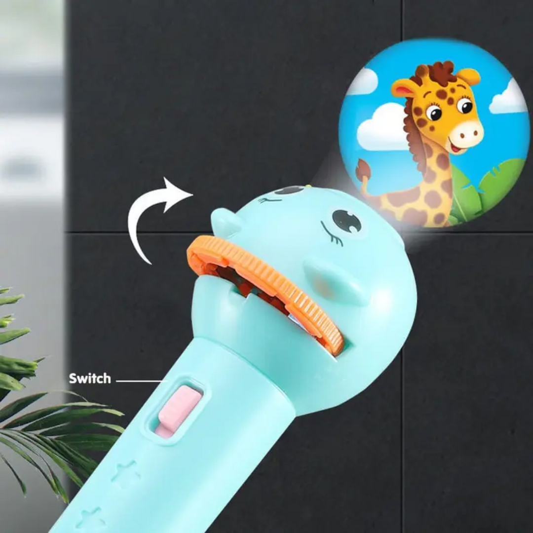 Blue projector flashlight showing its rotating head, pink switch, and a projected giraffe picture.