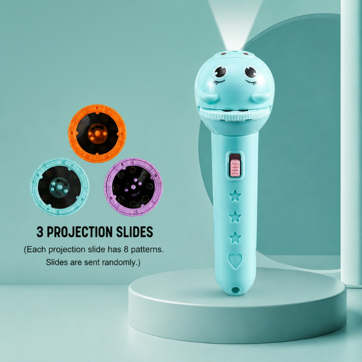 Blue animal-face projector flashlight displayed with three interchangeable picture discs.