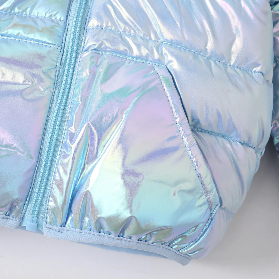 Blue iridescent puffer jacket zipper and front pocket detail