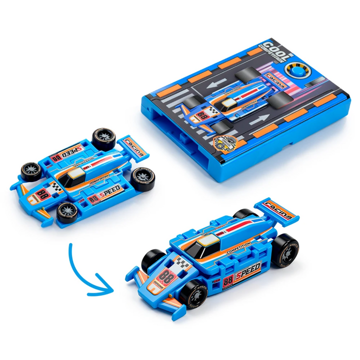 Blue race car in flat and raised forms with its matching blue button launcher.
