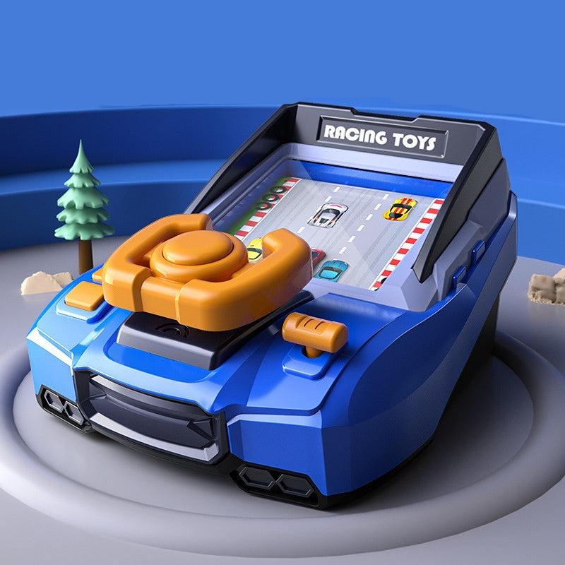 Blue racing game with a yellow steering wheel, road display, and dashboard controls