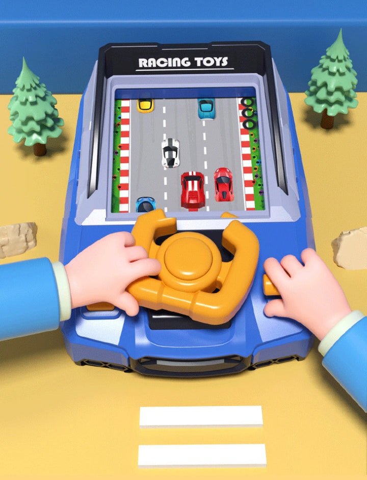 Illustrated hands using the yellow steering wheel and controls of a blue racing game