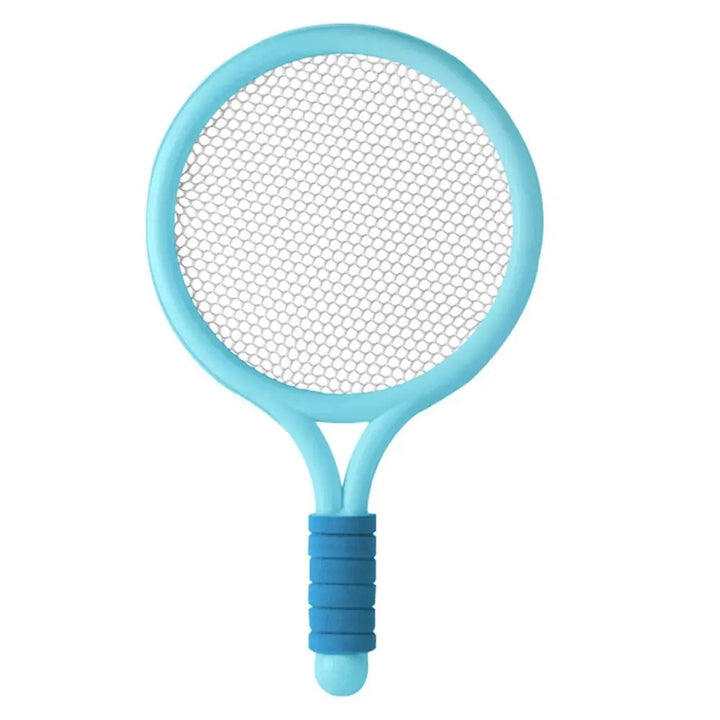 Blue tennis and badminton racket with a white mesh head and ridged blue handle