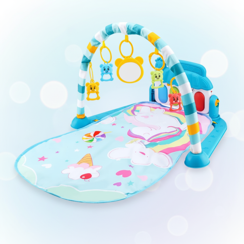 Blue baby play gym with a pastel rainbow-and-unicorn mat and a striped arch
