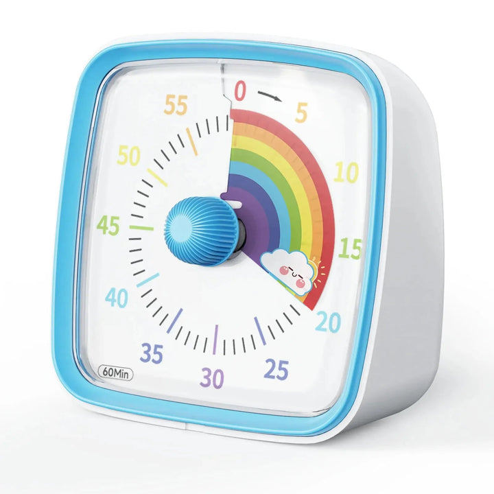 Blue visual timer with a rainbow countdown disk, white face, and ridged front knob