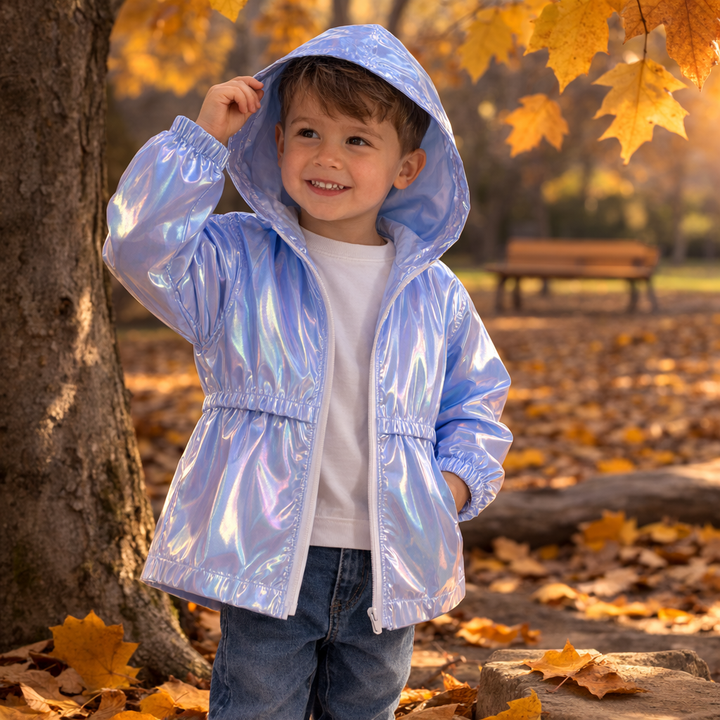 Child wearing a blue iridescent hooded raincoat beside a tree with autumn leaves.