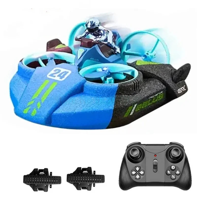 Blue RC drone set with a black controller and two batteries.