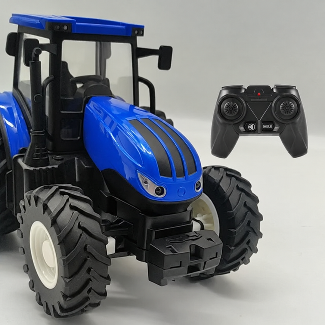 Blue remote-control tractor with treaded tires and a black handheld controller