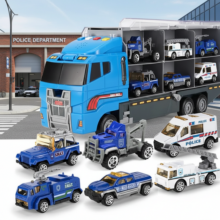 Blue rescue-themed vehicle carrier with small police and emergency vehicles.