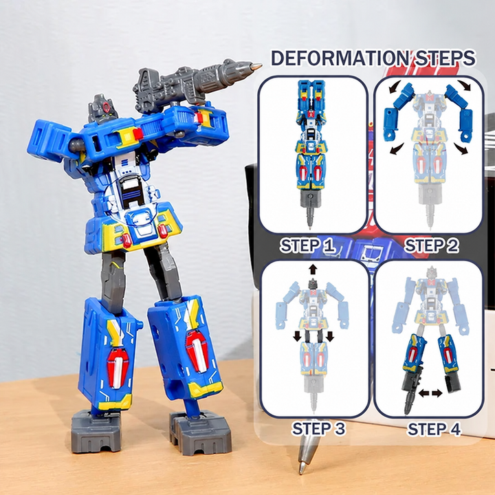 Blue robot pen beside a four-step pen-to-robot transformation guide