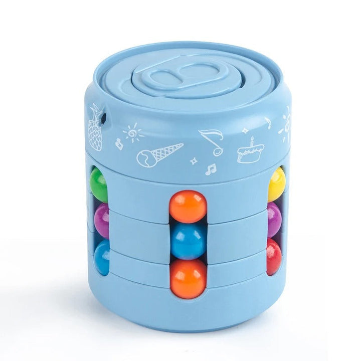 Blue fidget puzzle with colorful beads and white illustrations around the top
